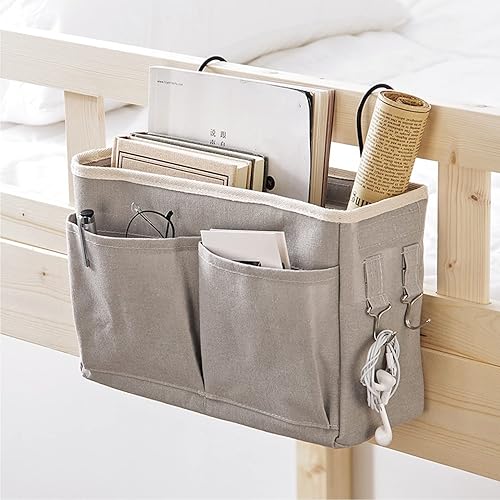 Miniatura 4 de Bolsa de almacenamiento para colgar en la mesita de noche, de lino y algodón, duradera, con gancho firme para dormitorios, Gris, Bolsa