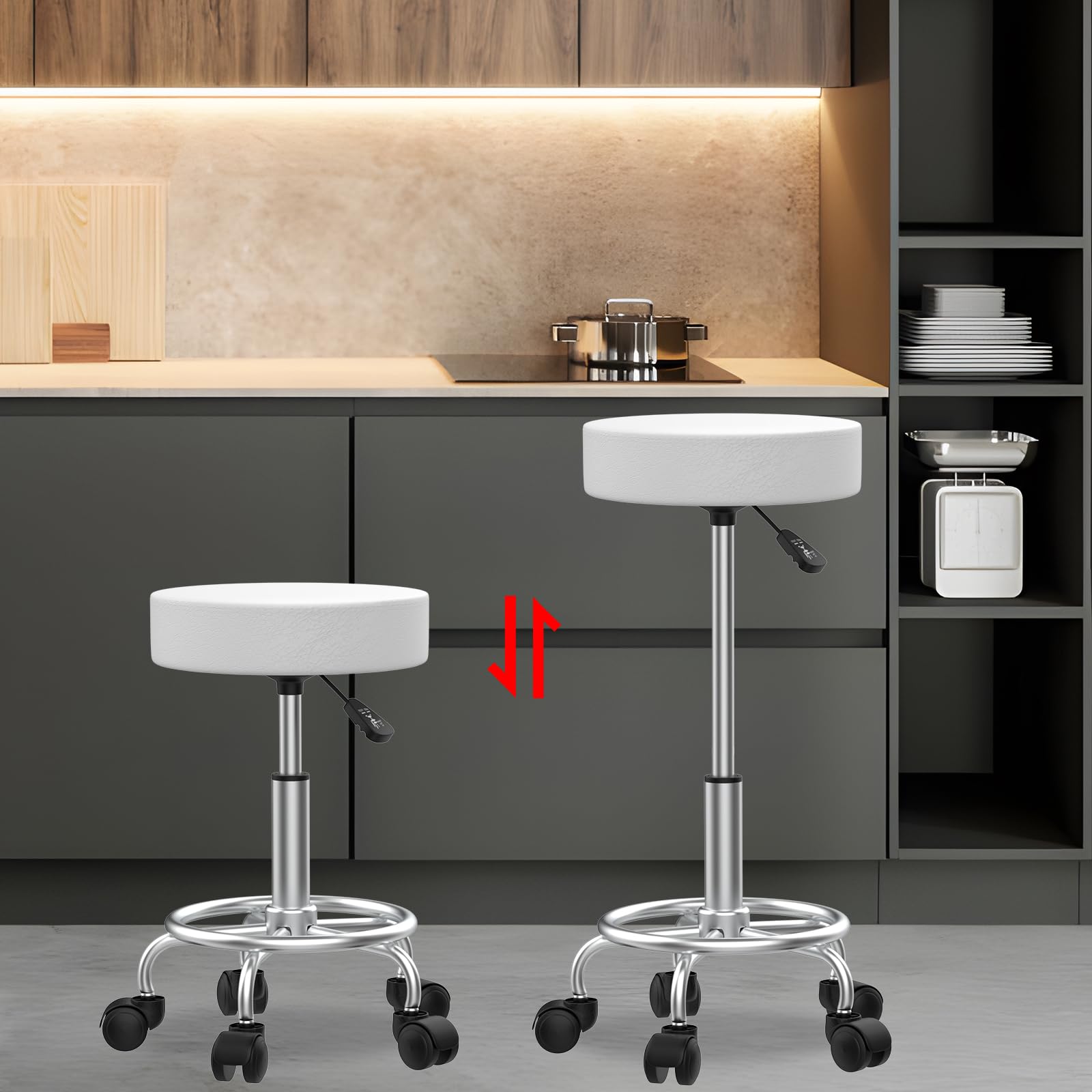 Tabouret Pivotant Rotatif Avec Dossier Et Roulettes - Chaise Assis-Debout Hauteur Réglable 48-64cm - Robuste Tabouret Roulettes Dossier Réglable Hauteur
