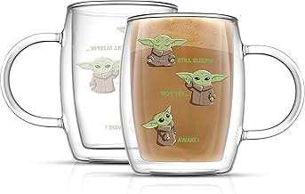 JoyJolt Awake! Grogu Coffee Mug Set of 2 Double Wall Mug. 13.5oz Large Espresso Cups, Cappuccino or Latte Cup. Mandalorian Star Wars Mugs, Insulated Coffee Mug, Clear Glass Cups Coffee Cup Set