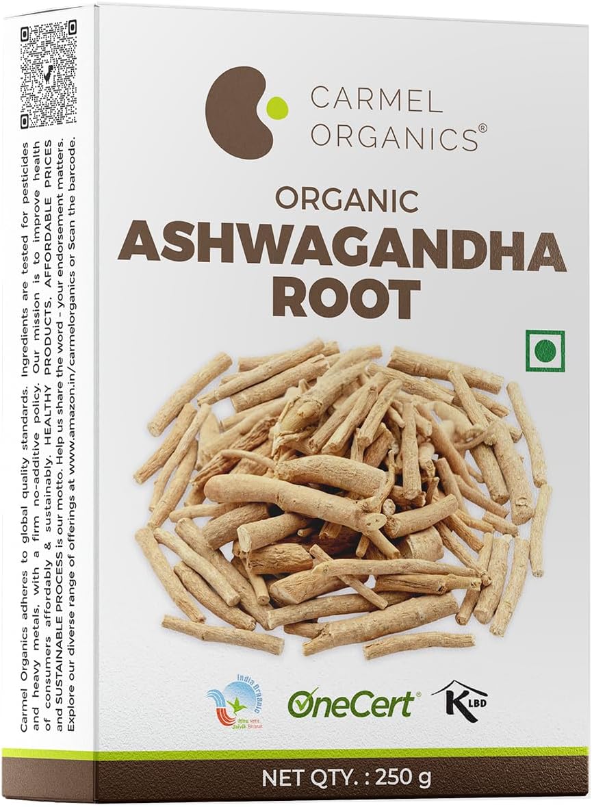 CARMEL ORGANICS Ashwagandha Root Whole (250 g) | Jaivik Bharat Certified | Helps Fight Anxiety and Stress | Withania Somnifera | Non-GMO | No added Preservatives