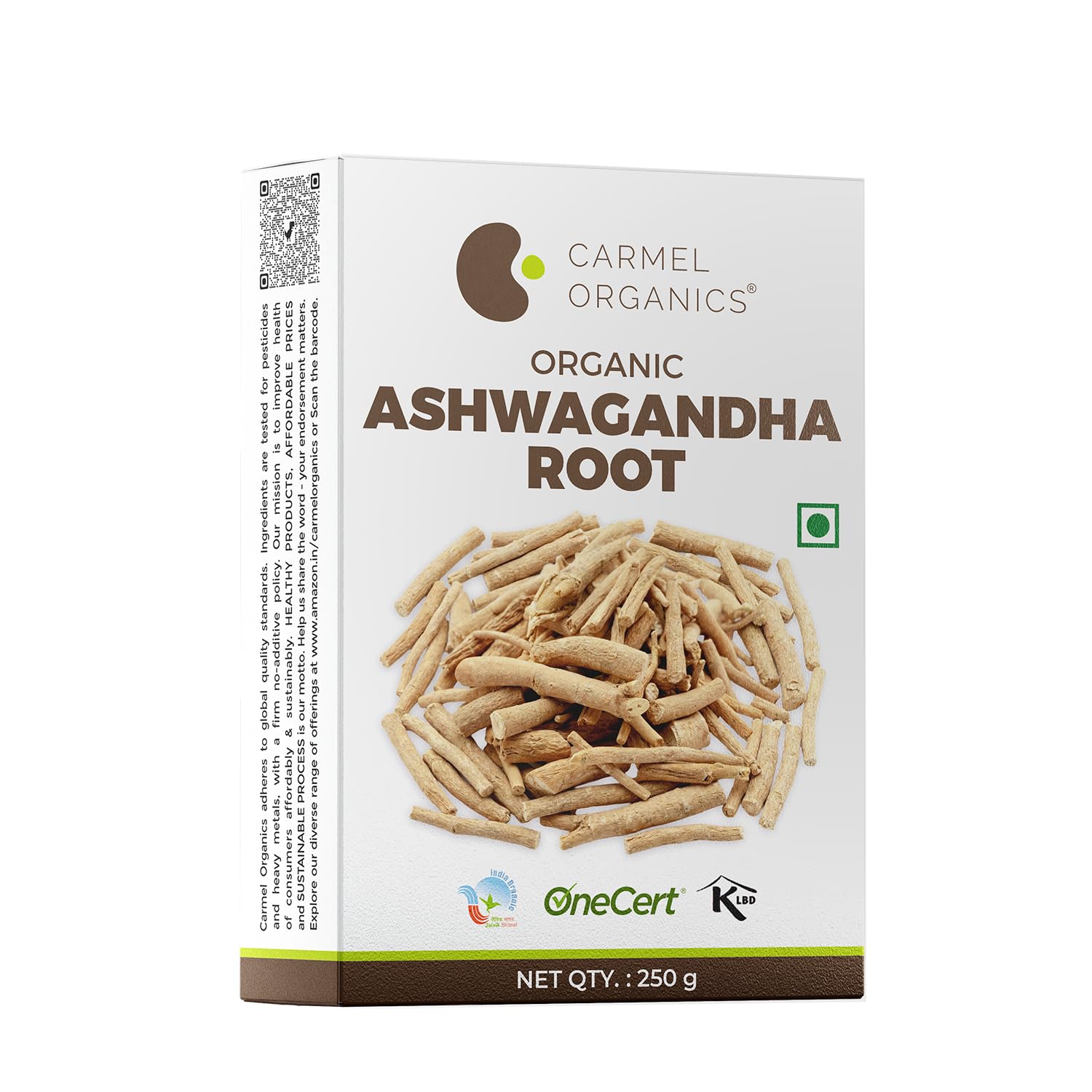 CARMEL ORGANICS Ashwagandha Root Whole (250 g) | Jaivik Bharat Certified | Helps Fight Anxiety and Stress | Withania Somnifera | Non-GMO | No added Preservatives