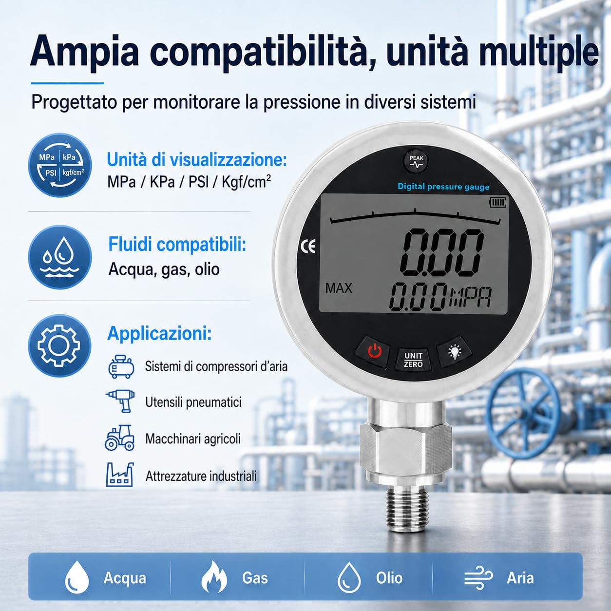 Manometro 0-400 bar, 0-40 Mpa 0-5800 psi Mini Digitale con connettore G1/4 per Aria, Acqua, Olio