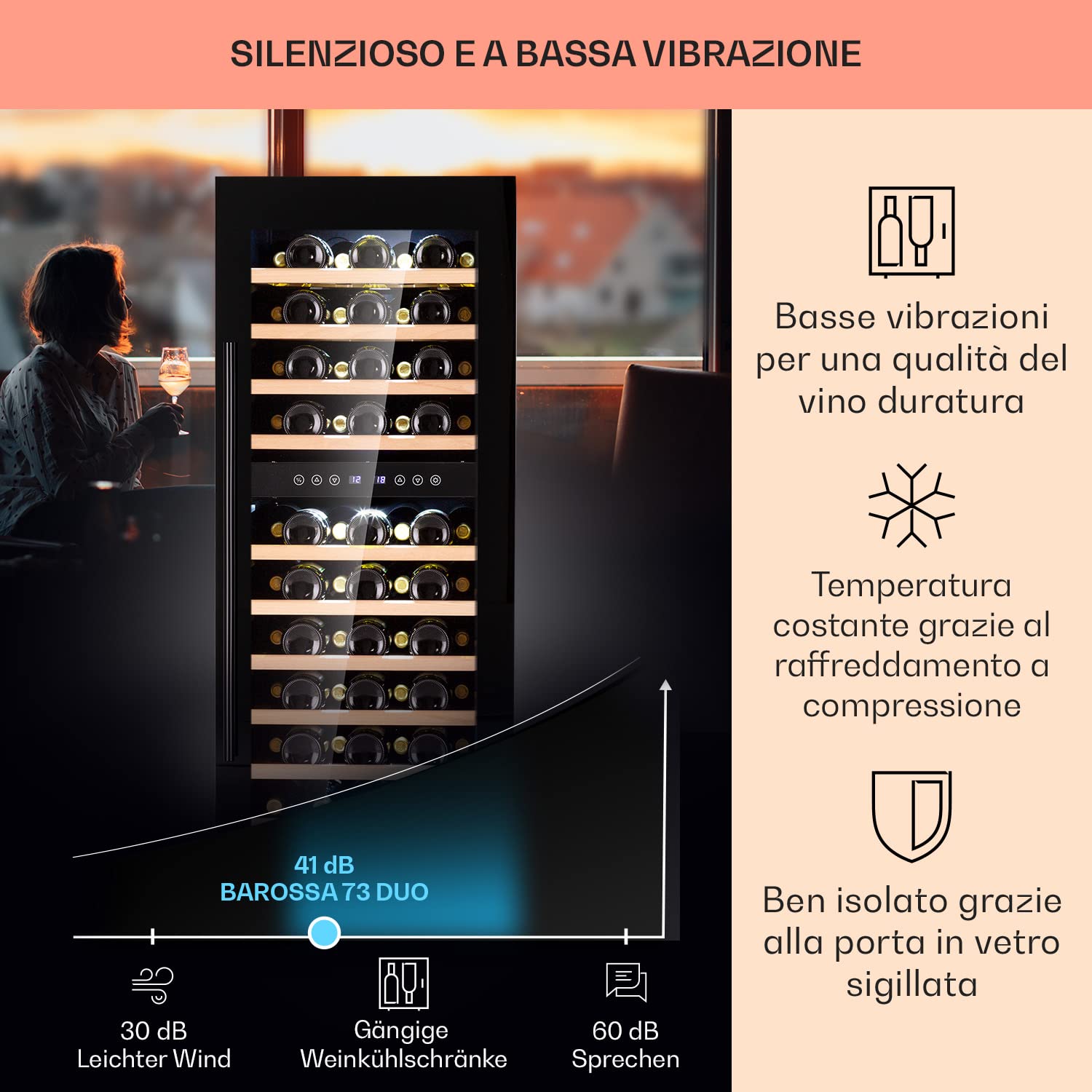 KLARSTEIN Cantinetta Vino, Cantinetta Vino Refrigerata a Zona Doppia per Interno/Esterni, Frigo Bar, Cantina Vino con Vetrina, Mini Bar con Protezione UV, Frigo Vino Touch, 5-18°C, 73 Bottiglie