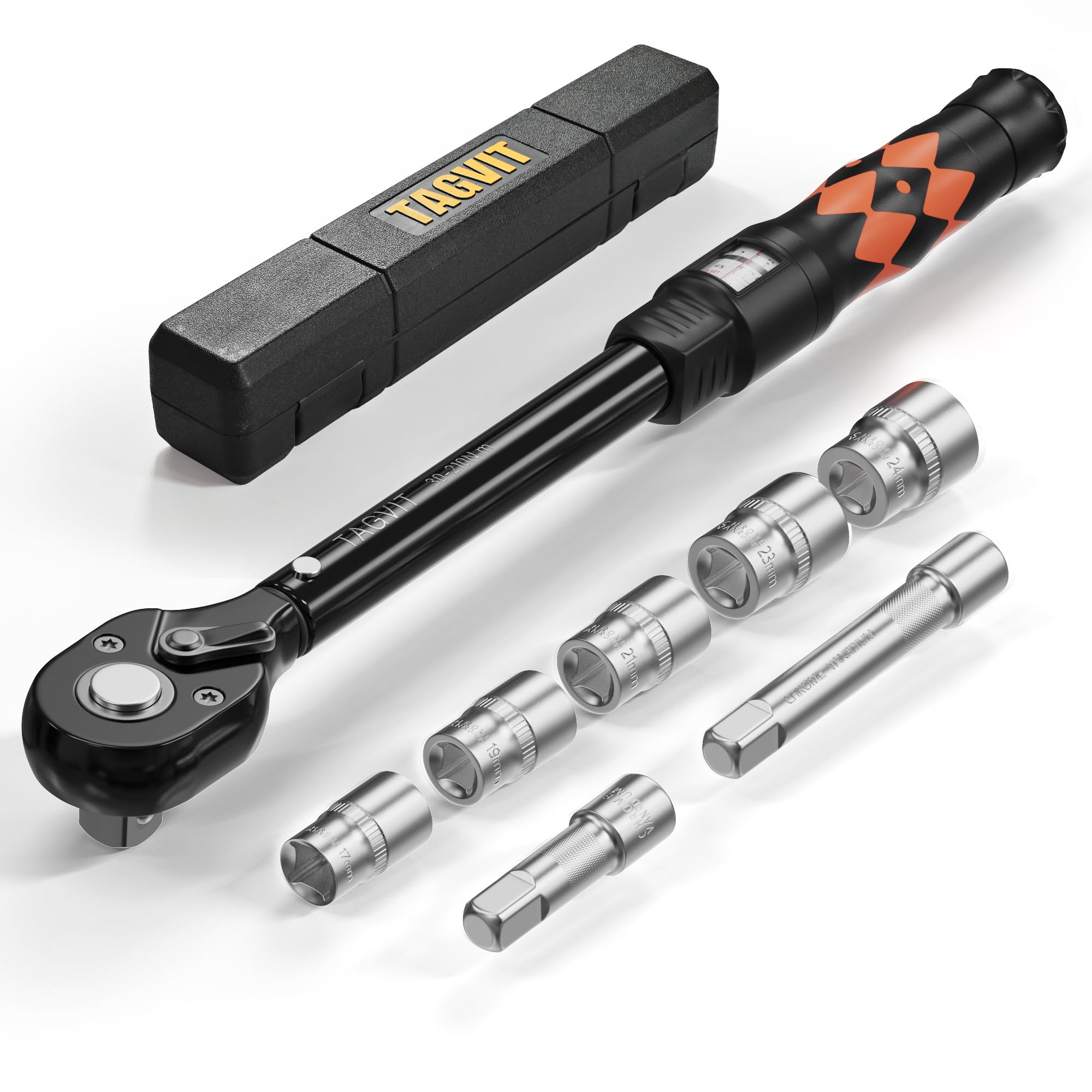 TAGVIT Chiave dinamometrica da 1/2 pollice, 30-210 Nm Set di chiavi dinamometriche da 8 pezzi con bussole da 17 mm 19 mm 21 mm 23 mm 24 mm ed estensioni da 75 mm/125 mm per motocicletta, auto, camion