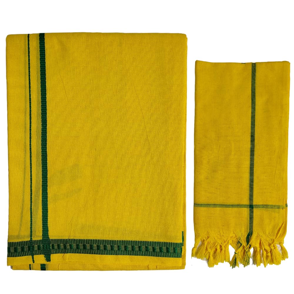 Mens Devotional Cotton Pentex Border Multicolour Dhoti (Pack of-1)-2.00 meters Single Madipu & Pooja Mudi Towel (Pack of 1)-30x60 inches|Temple wear|Pooja|Colour Combo Mundus|Vesti|Kaili|-image-2