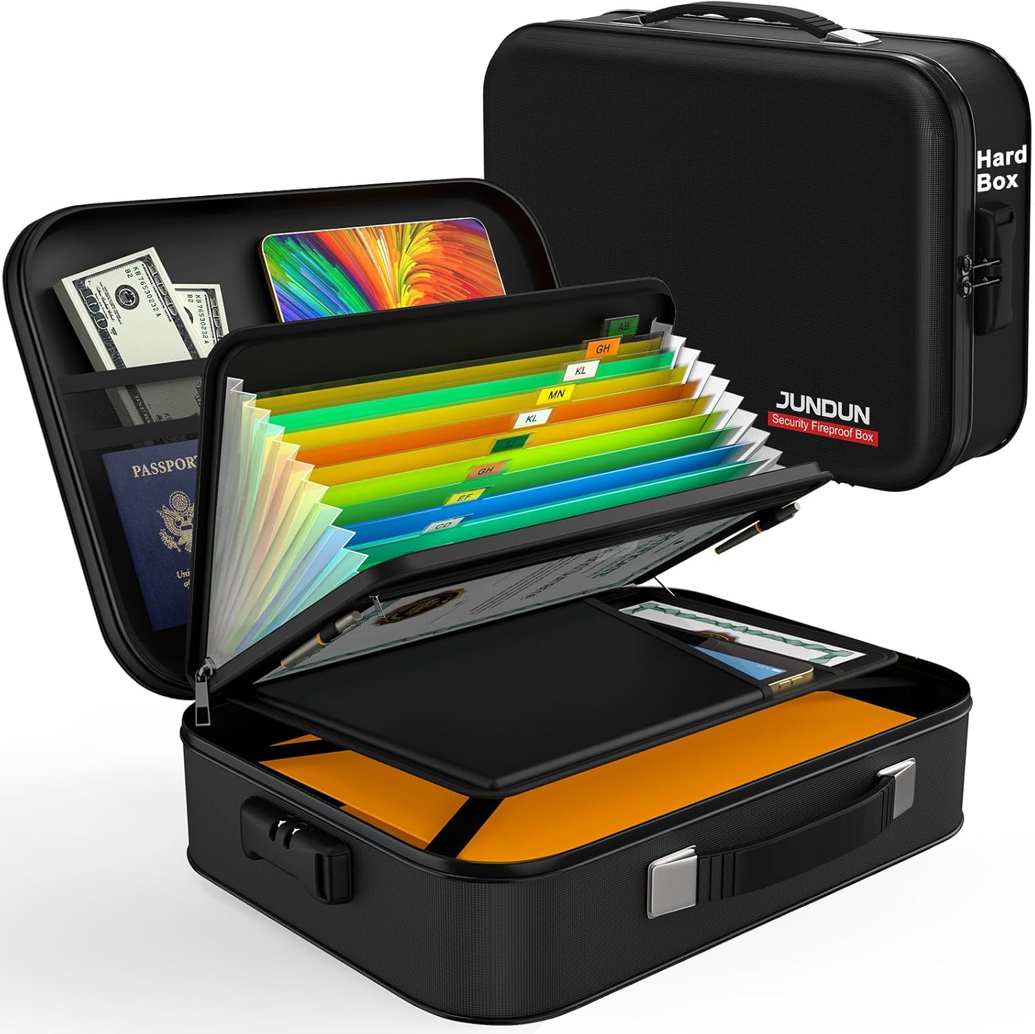 JUNDUN Fireproof Doc Field,Onerous Case Fireproof Doc Organizer with Lock，Dwelling Journey Transportable Fireproof Protected Storage Field Case for Letter Dimension Paperwork,Recordsdata,Papers and Passport,Black