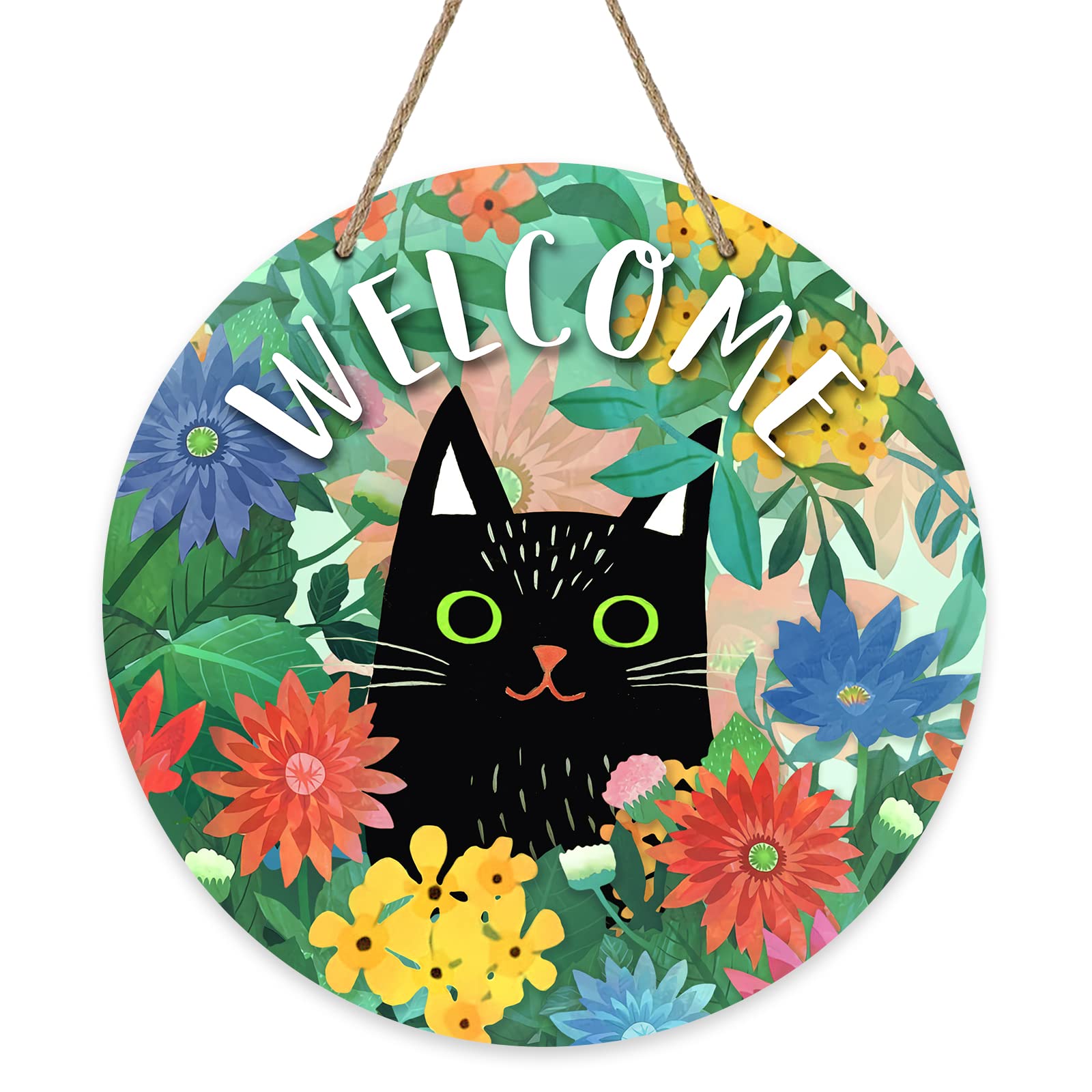 Deroro Welcome Spring Black Cat Sign for Front Door Decor, Daisy Flowers Floral Wood Door Hanger for Outdoor Outside Porch, Seasonal Summer Farmhouse
