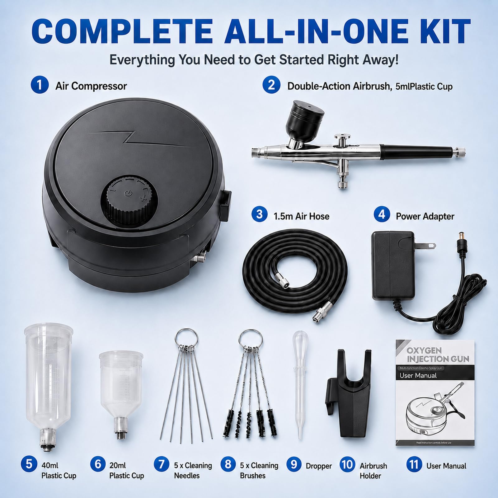 Kit de aerógrafo con compresor de aire, aerógrafo de alta presión de 48 PSI que no se obstruye con vasos de pintura de 5/20/40 ml y juego de limpieza para decoración de pasteles, pintura de modelos