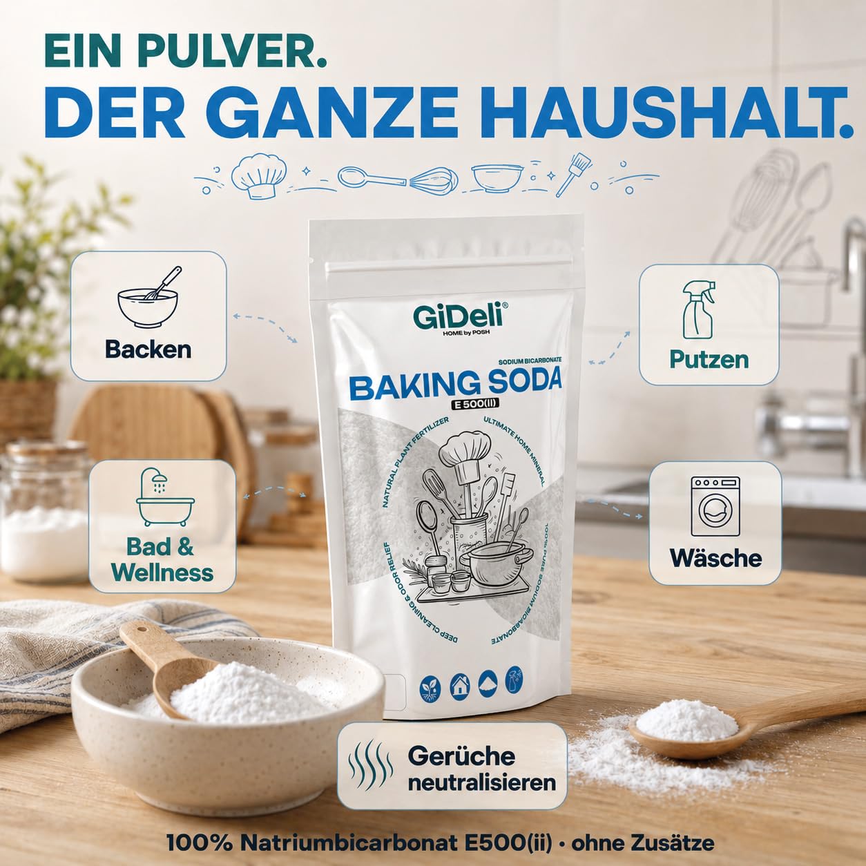 GiDeli Natron Lebensmittelqualität 2 x 5kg - Natriumbicarbonat Pulver ohne Zusätze - Ideal zum Koche, Backen, Waschen und Putzen - Vielseitige Anwendung im Haushalt