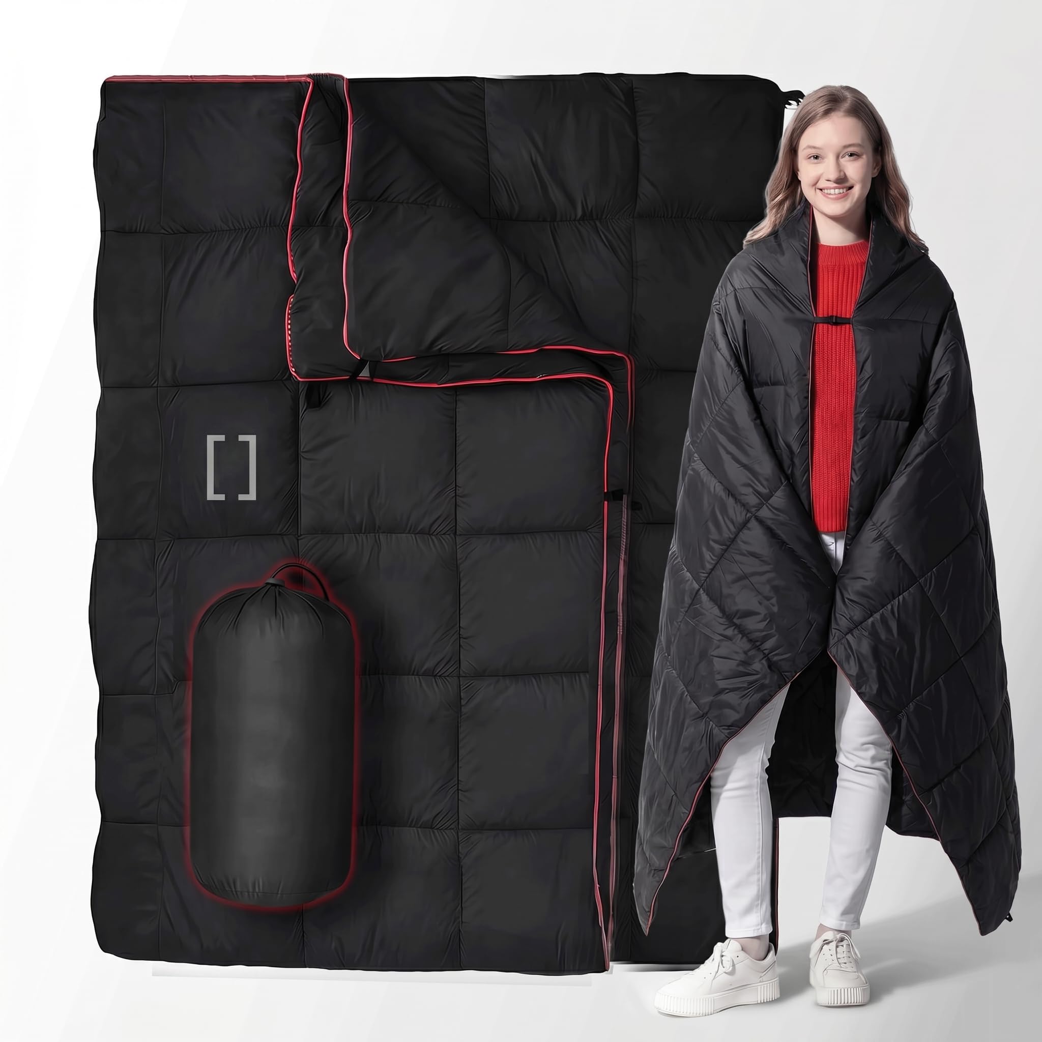EVOCAMP Koc turystyczny 200x140 cm, ultralekki, wodoodporny, koc outdoorowy 0,68 kg, z pokrowcem, składany, idealny na kemping i aktywność na świeżym powietrzu, czarny