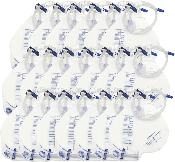 DWCHECK 20 Pack Urinary Drainage Bag, 2000 mL Urine Bag with Anti-Reflux Chamber,48"Unisex Precision Drainage Tube, Clips and Hanging Hook, Professional Urinary Bag for Home and Hospitals Health Aids
