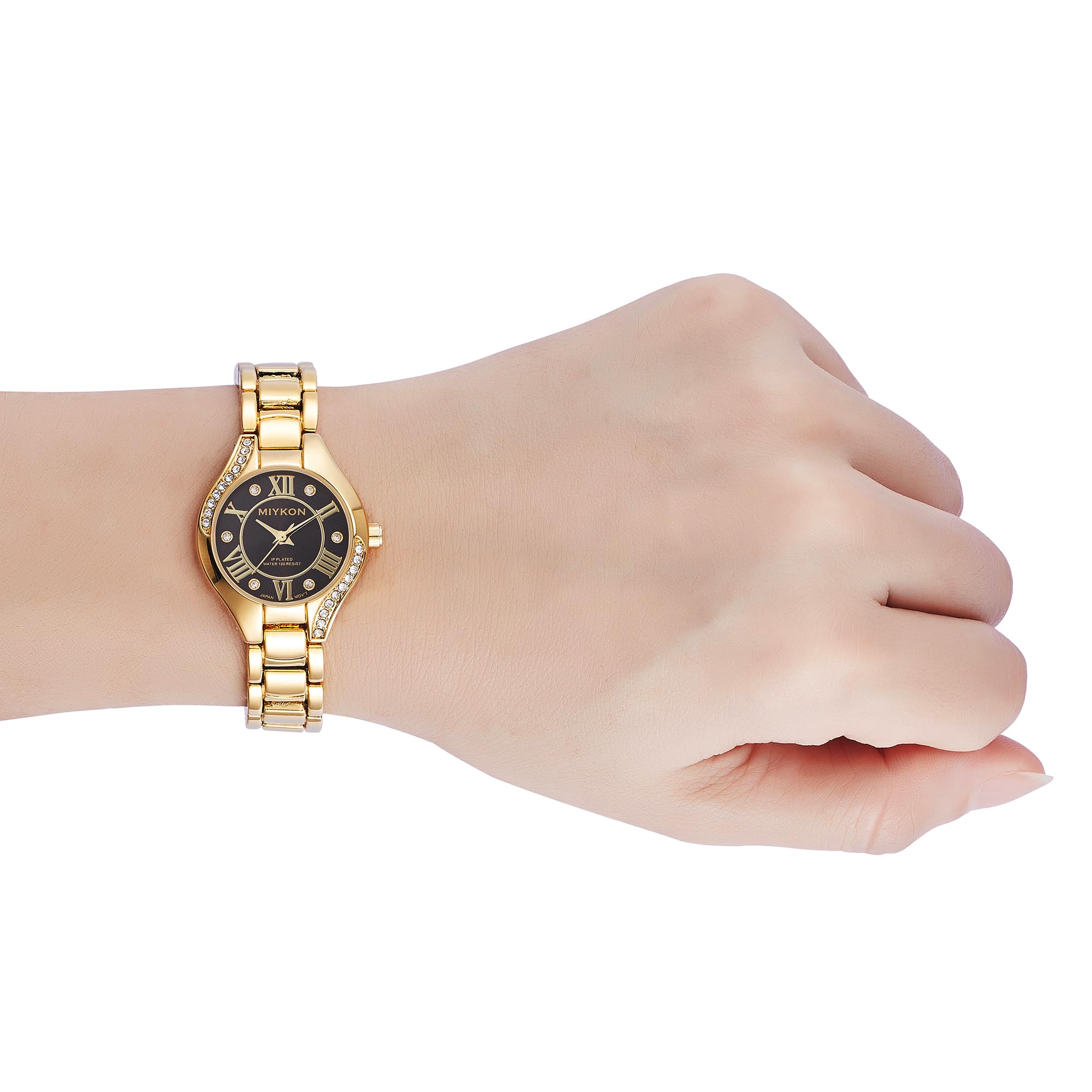 Miykon Silber- und Gold-Uhren für Damen, kleine zierliche Damenuhr mit echten Kristallen, ionenpoliertes Damen-Schmuckarmband, kratzfestes Glas, japanisches Quarz, 30,5 m wasserdicht, Goldfarbenes