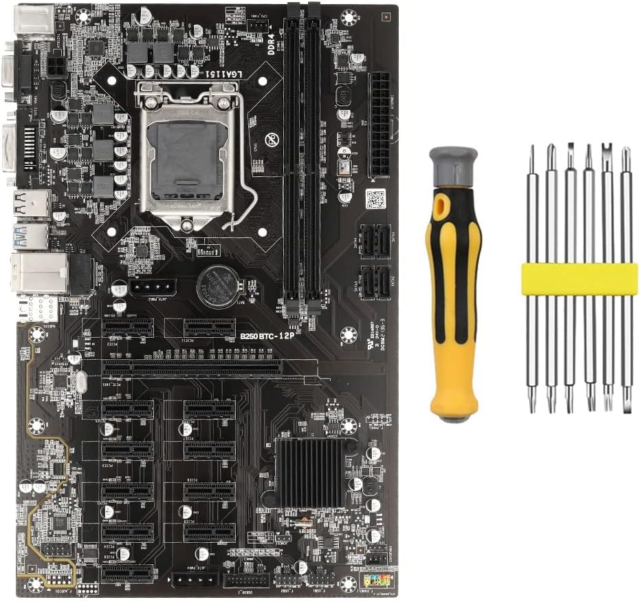 B250 BTC Mining Motherboard with Installation Tool 12 PCIE to USB3.0 Card Slot LGA1151 Supports DDR4 DIMM