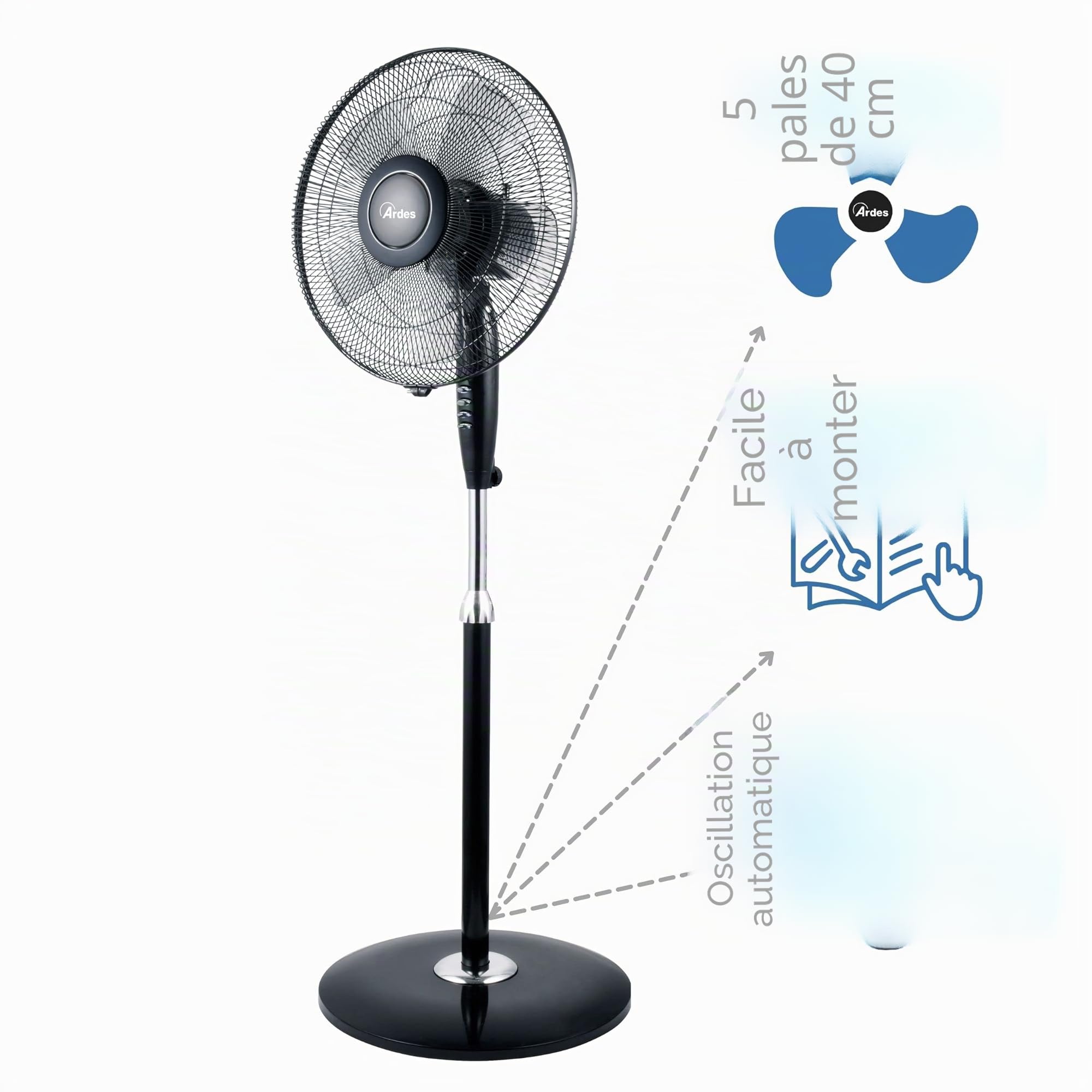 ARDES - AR5S41PB Ventilateur sur pied Puissant et silencieux, 5 pales 40 cm, Oscillant avec hauteur et inclinaison réglables Ventilateur sur pied Ardes 3 Vitesses