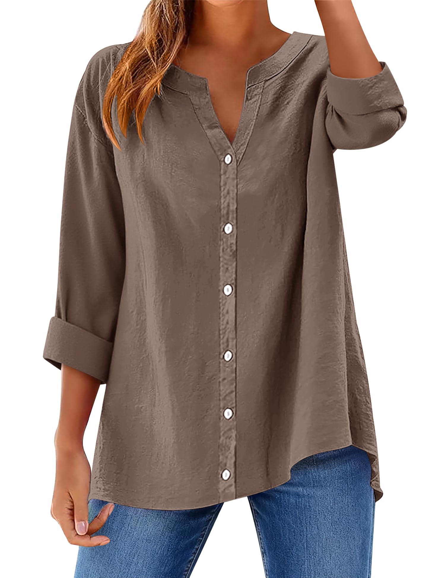 Rapbin Bluse Damen Elegant Baumwolle V-Ausschnitt Hemdbluse Langarm Button Down Lose Langarmshirt Einfarbig Oberteile Blusenshirt