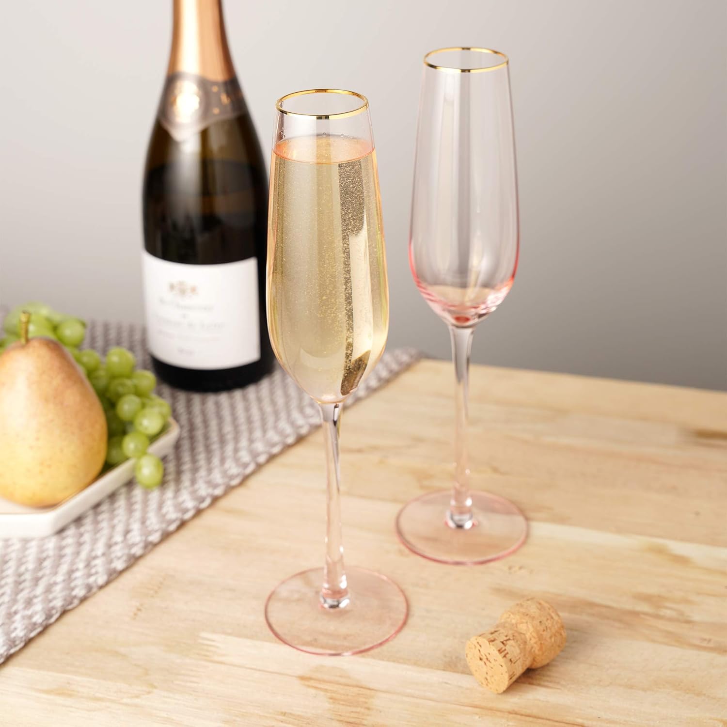 Twine Rose Crystal Champagne Flutes, Pink Tinted with Gold Rim, Elegant Champagne Glasses, Perfect for Sparkling Wine, Prosecco, Mocktails, Wedding Gifts, Housewarming, Home Bar, 8 oz, Set of 2