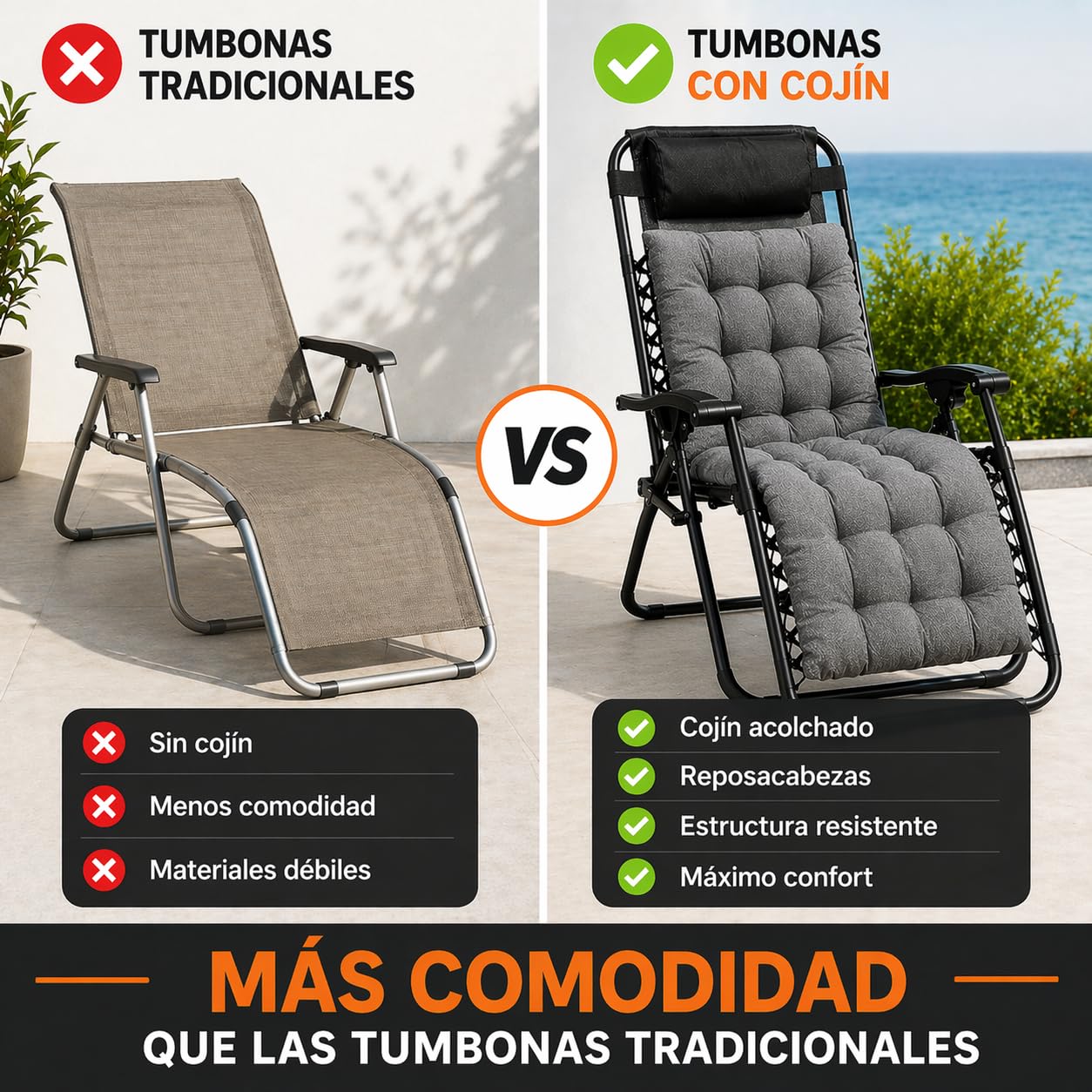 TIENDA EURASIA – Pack 2 Tumbonas Plegables y Reclinables para Jardín | con Cojín y Reposacabezas | Estructura de Acero | Color Negro | hasta 100 kg | Exterior, Terraza y Piscina