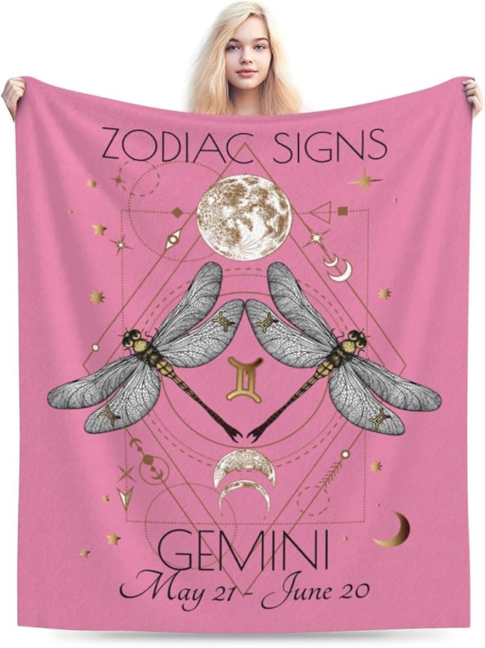 Gemini Blanket Zodiac Signs Gifts for Women, Moon Constellations Theme Pink Throw Blanket Soft Cozy Flannel 80