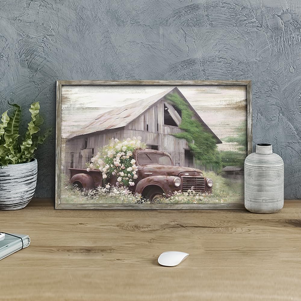 Framed Farmhouse Wood Wall Art: Country Old Truck Artwork Rustic Barn Wooden Painting for Bedroom