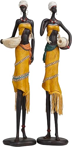 Deco 79 Polystone People - Escultura africana hecha a mano con jarras de agua y detalles de joyas, juego de 2 6 pulgadas de ancho, 24 pulgadas de