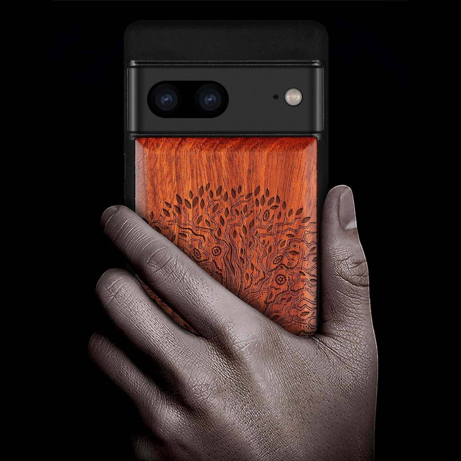 Carveit Wood Case for Pixel 7 Case [Natural Wood & Black Soft TPU] Shockproof Protective Unique & Classy Wooden Cover Compatible with Google Pixel 7 (Hand Drawn Tree-Rosy)