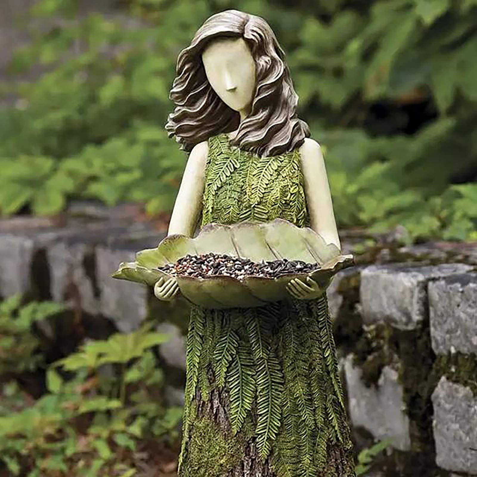 GECOKU 2 in 1 Tree Stump Shaped Maiden Statue Bird Feeder Sherwood Fern Fairy Statuary Leaf-shaped Birdseed Holder Plystone Hand Craft Weatherproof Sculpture 3.9 x 11.8 Inch