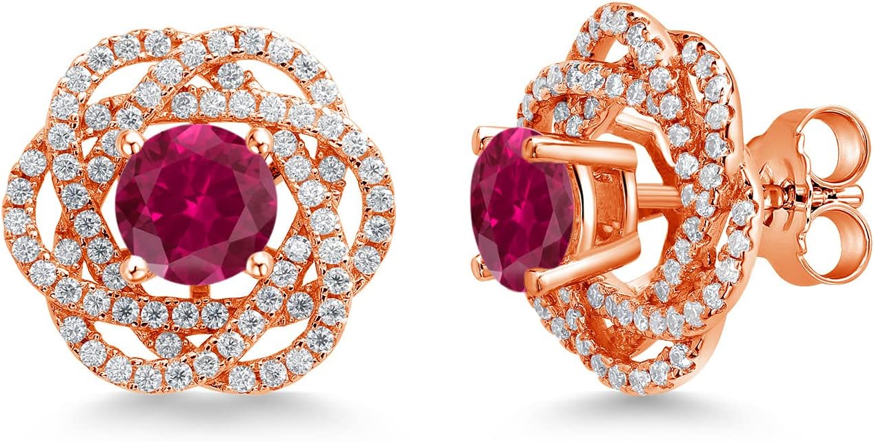 Gem Stone King 18K Rose Gold Plated Silver Round 6MM Gemstone Birthstone Stud Earrings with White Moissanite Removable Earrings Jackets For Women