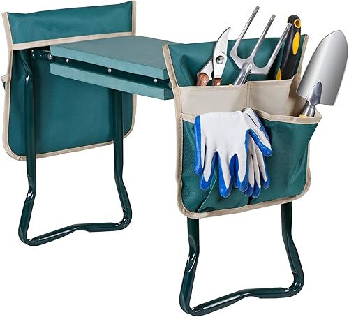 Miniatura 10 de LEMY Asiento de arrodilladora de jardín multiusos portátil banco de jardín taburete plegable con bolsa de herramientas almohadilla de espuma EVA