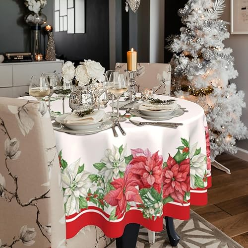 Miniatura 3 de SuQKXCo Mantel Redondo de Navidad de 60 Pulgadas Poinsettia Acebo Rojo y Blanco Mantel de Navidad Impermeable Paño de Mesa Lavable Cubierta de Mesa