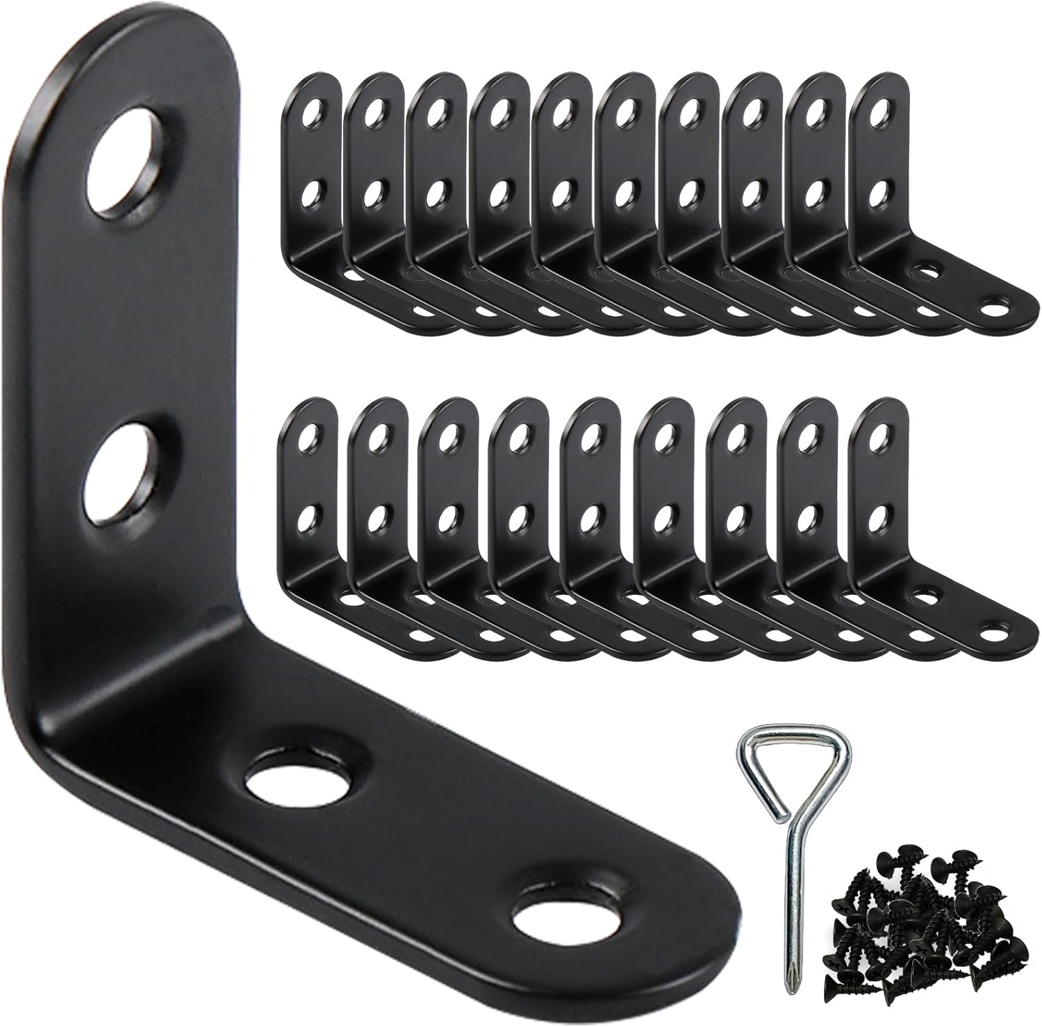 20 Pack 1-9/16" L Brackets for Shelves Corner Brace| Heavy Duty Stainless Steel Wall Mount Bracket| Black Metal Small Braces with Screws for Wood Furniture