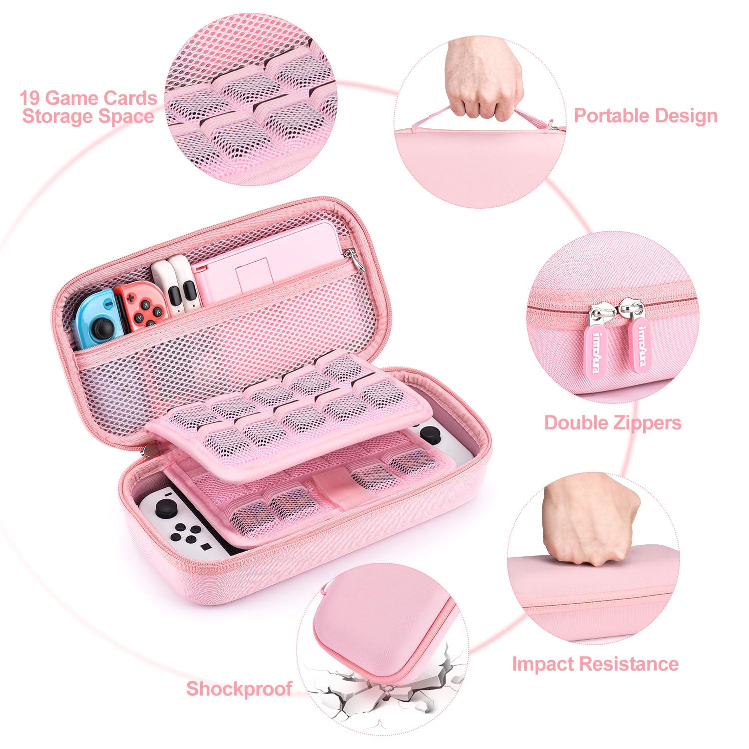 innoAura Switch OLED Case 19-in-1 Bundle for NS Switch OLED (2021), with Carrying Case, Screen Protector, Stand and Thumb Grips, Pink - Image 6