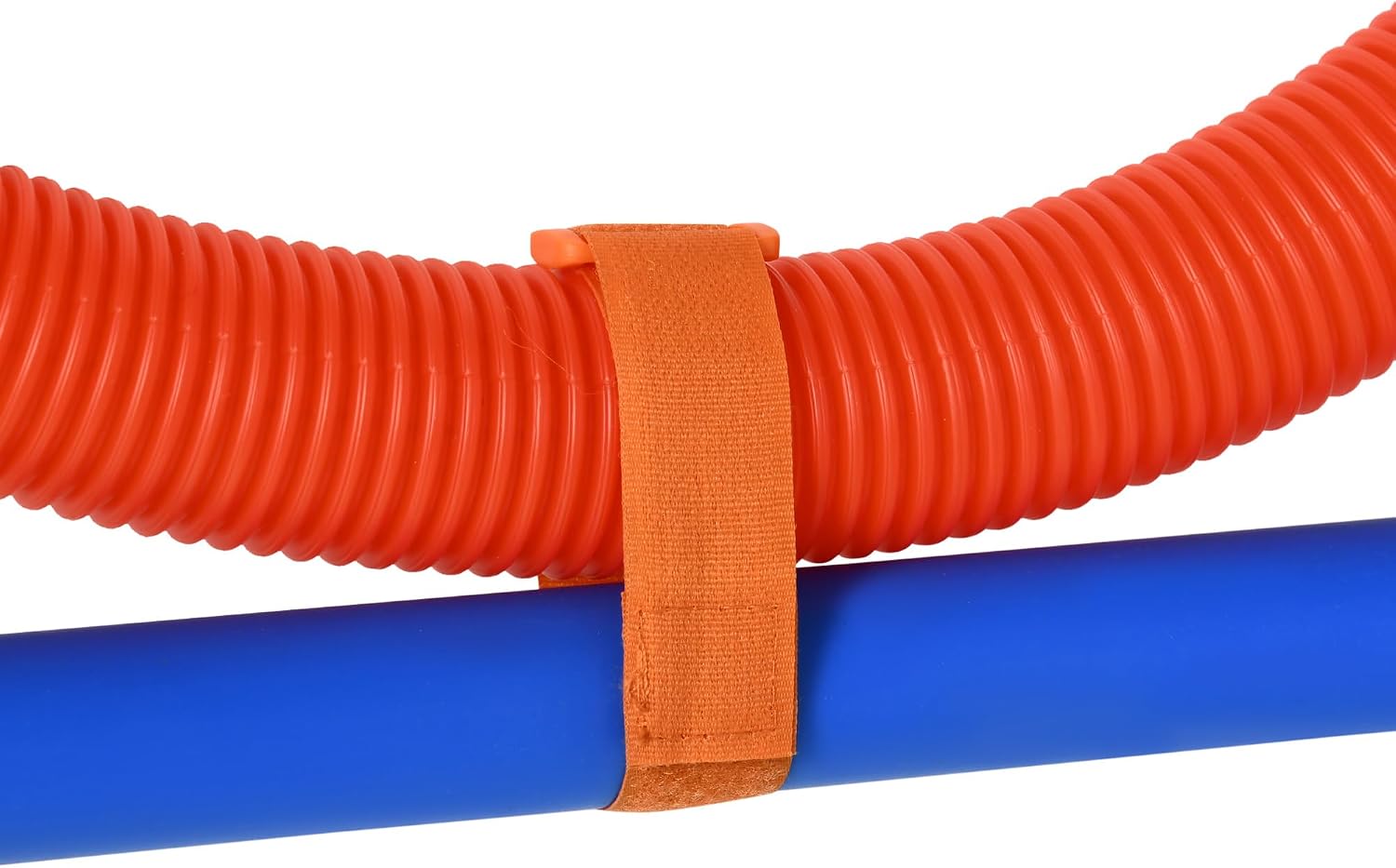 Close-up of an orange Velcro strap securing the orange jumping ring to a blue vertical pole, with measurement markings on the pole.