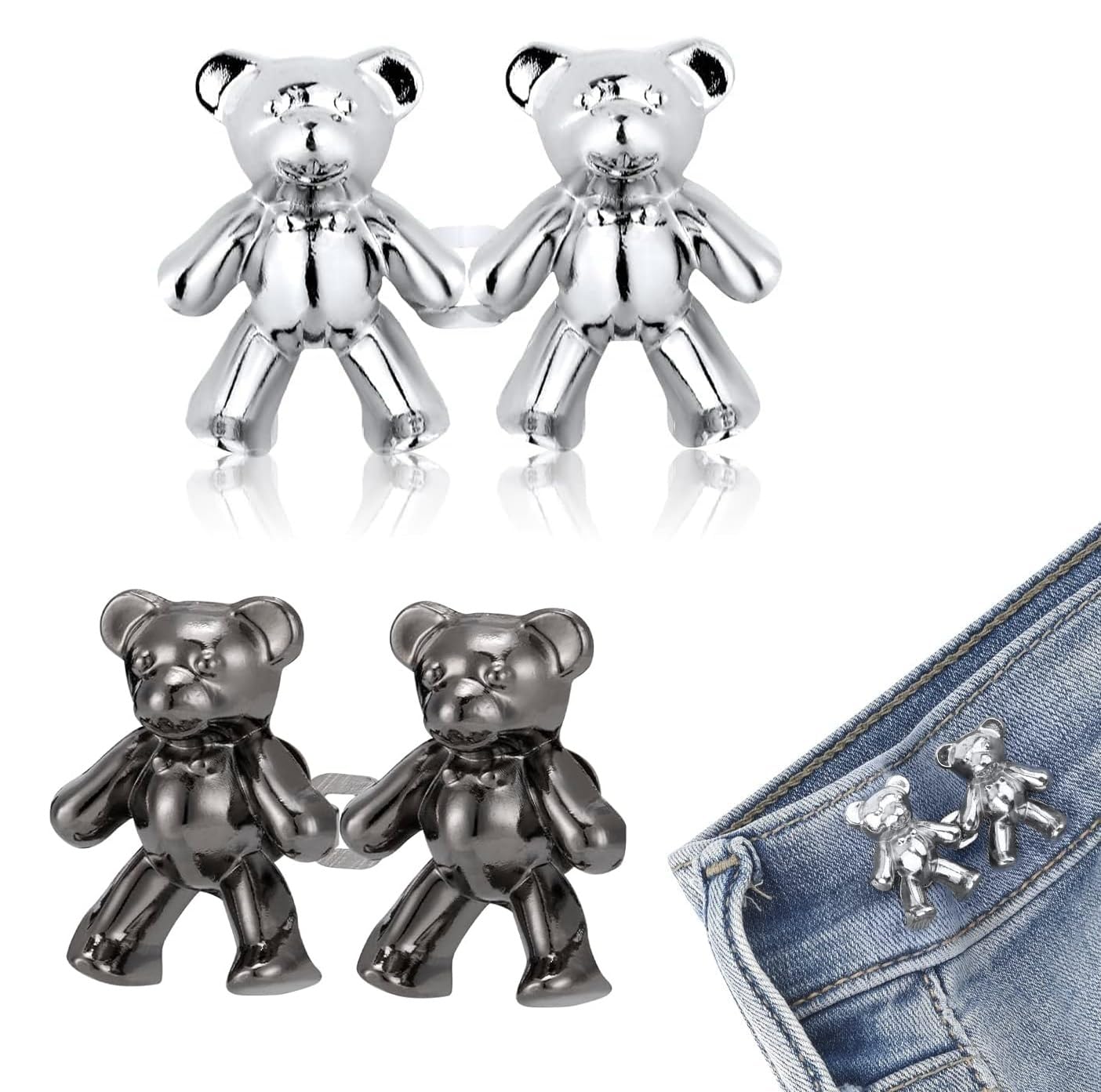 DHANGAR Pant Waist Tightener, 2 Pcs Adjustable Waist Bear Buckle Set, Extra Button for Jeans to Make Tighter, Instant Pins for Pants Skirts, Adjuster Detachable No Sewing