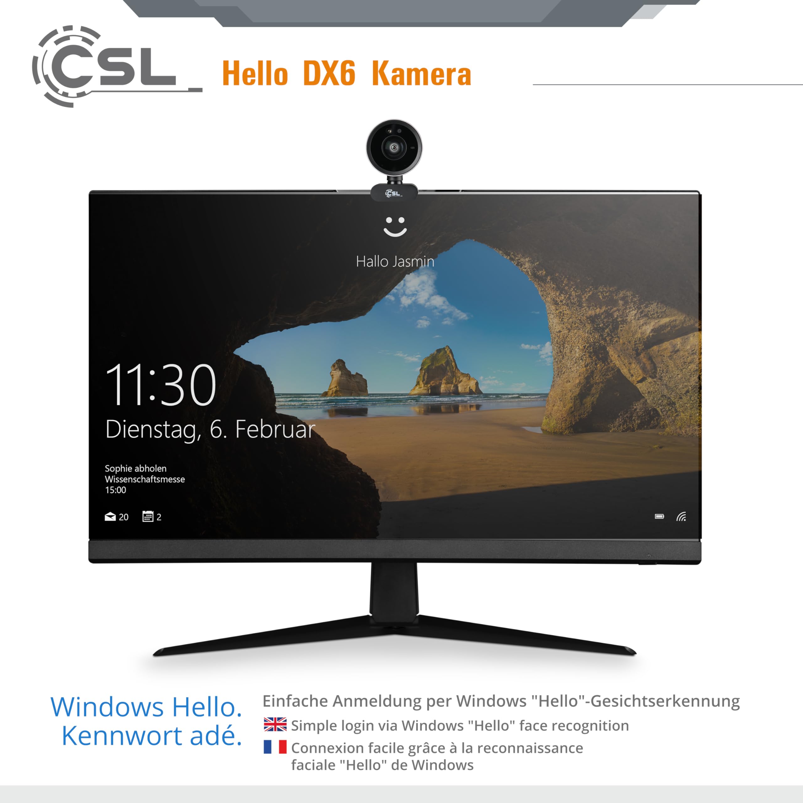 CSL Hello DX6 - Cámara web para Windows Hello DX6, cámara infrarroja profunda, 3840 x 2160 @ 30 Hz, micrófono integrado, videochat, 4K, reconocimiento facial, Windows 11 Hello Login