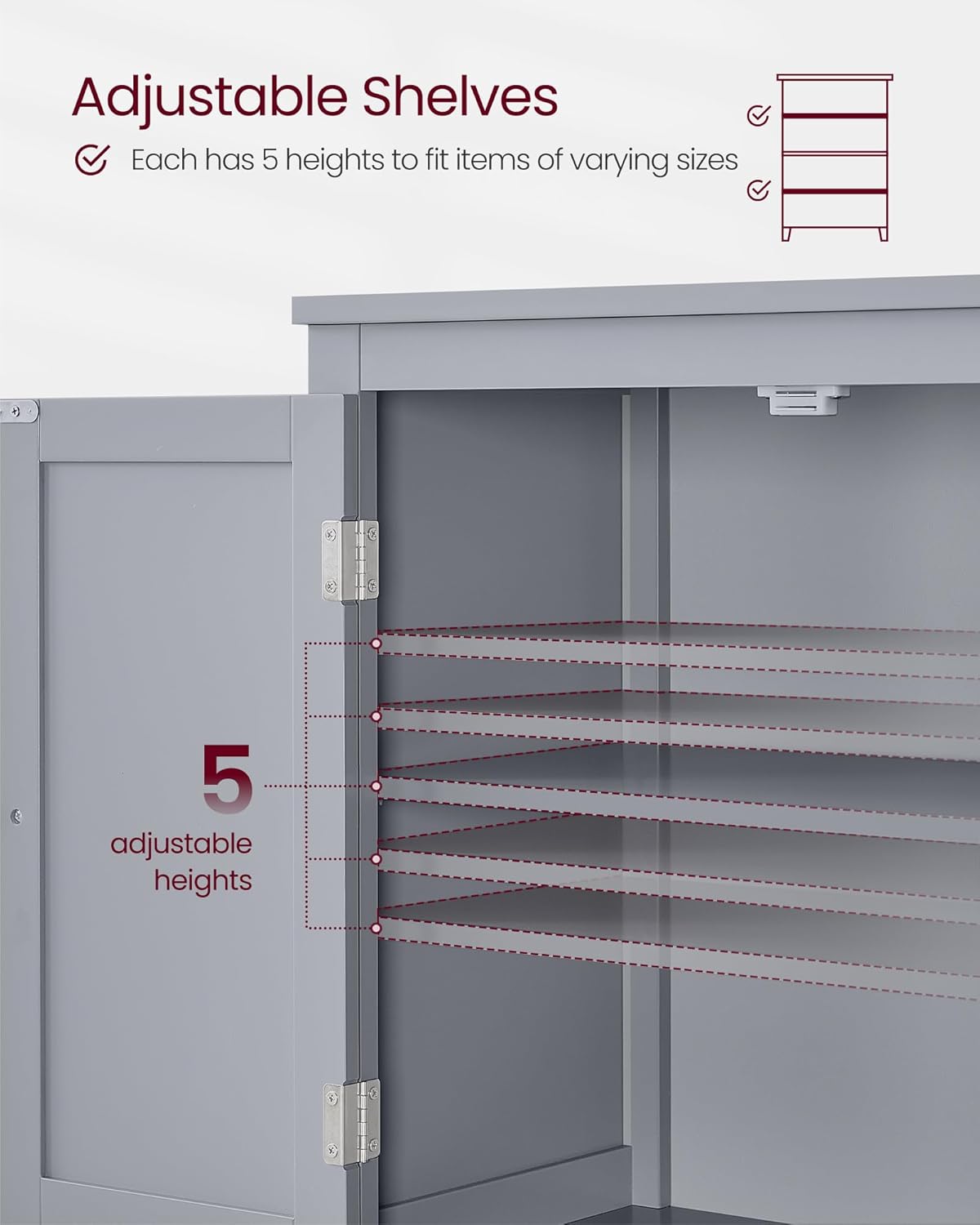 Diagram showing adjustable shelf positions inside the cabinet.