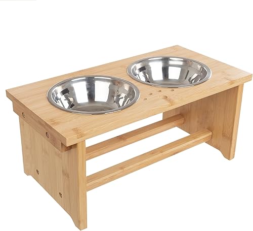 Miniatura 7 de Cuencos elevados para perros con soporte, comedero de bambú antideslizante de 7 pulgadas con 2 cuencos de acero inoxidable para perros, capacidad de