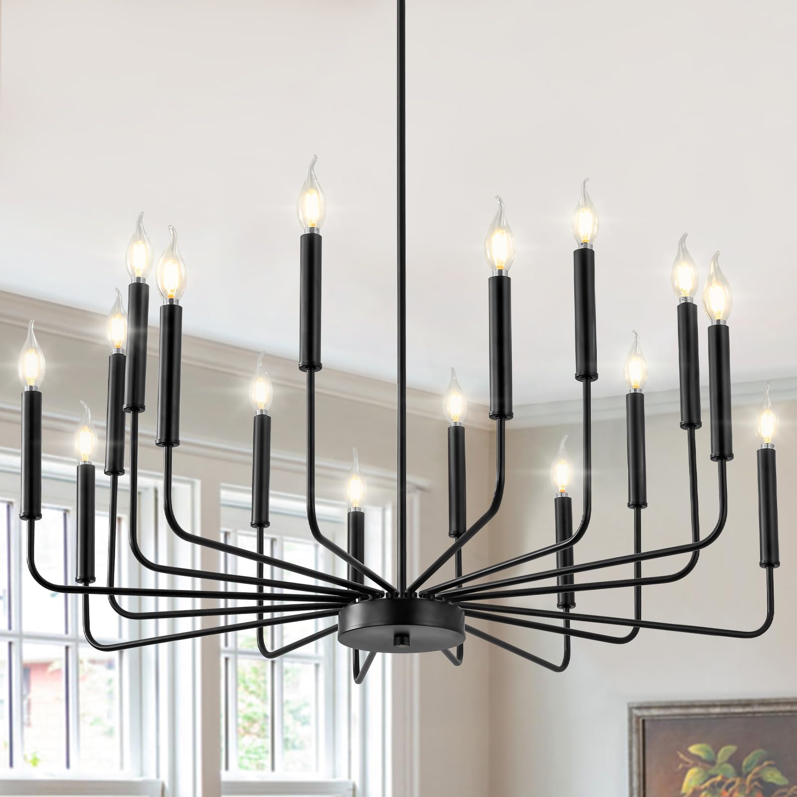WOKNOS Modern Black Farmhouse Chandeliers, 16-Light Industrial Metal Chandelier Lighting, Classic Candle Hanging Pendant Light Fixtures for Kitchen