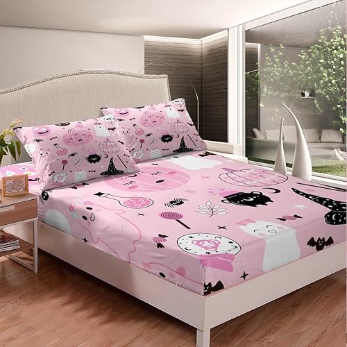 Feelyou Juego de sábanas de Halloween de tamaño matrimonial, para decoración de Halloween, juego de sábanas bajeras con diseño de calabaza, funda de disponible en Yaxa Peru