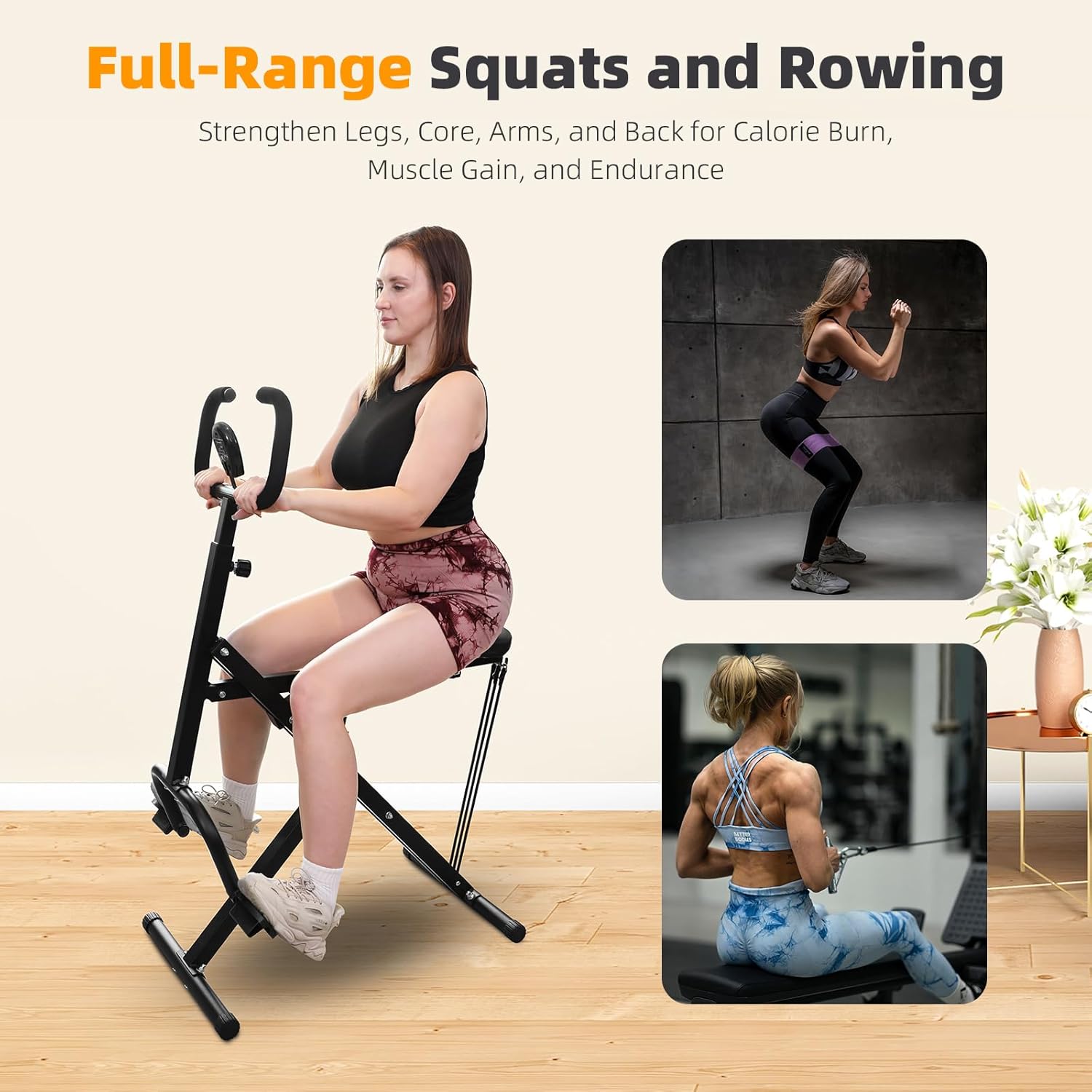Deep Squat Machine for Women, Foldable 2-in-1 Squat Rowing Machine for Home - Glute, Abs and Leg Trainer with LCD Monitor- Low Impact Home Gym for Women & Seniors image 3 of 9 B0FLJN5NGV