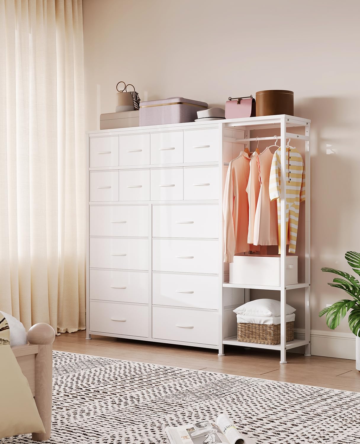 Garvee Commode De Rangement 16 Tiroirs avec Penderie Et Étagères – Organiseur en Tissu pour Chambre, Dressing Ou Entrée, Blanc