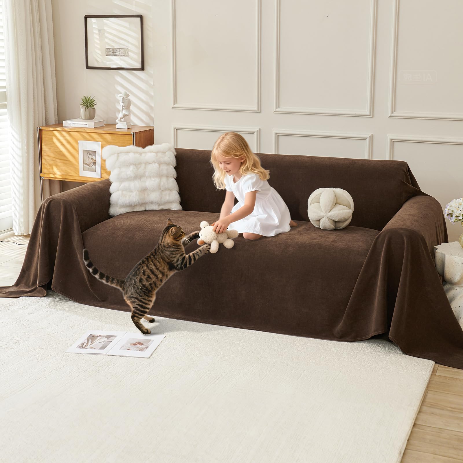 Royhom Sofa Überzug, Chenille Couch Überzug Ecksofa, Sofabezug L Form, Sofa Schutzdecke, Sofahusse mit Armlehne, Sofaüberwurf Decke Weich und Bequem, Brown, 340x180 cm