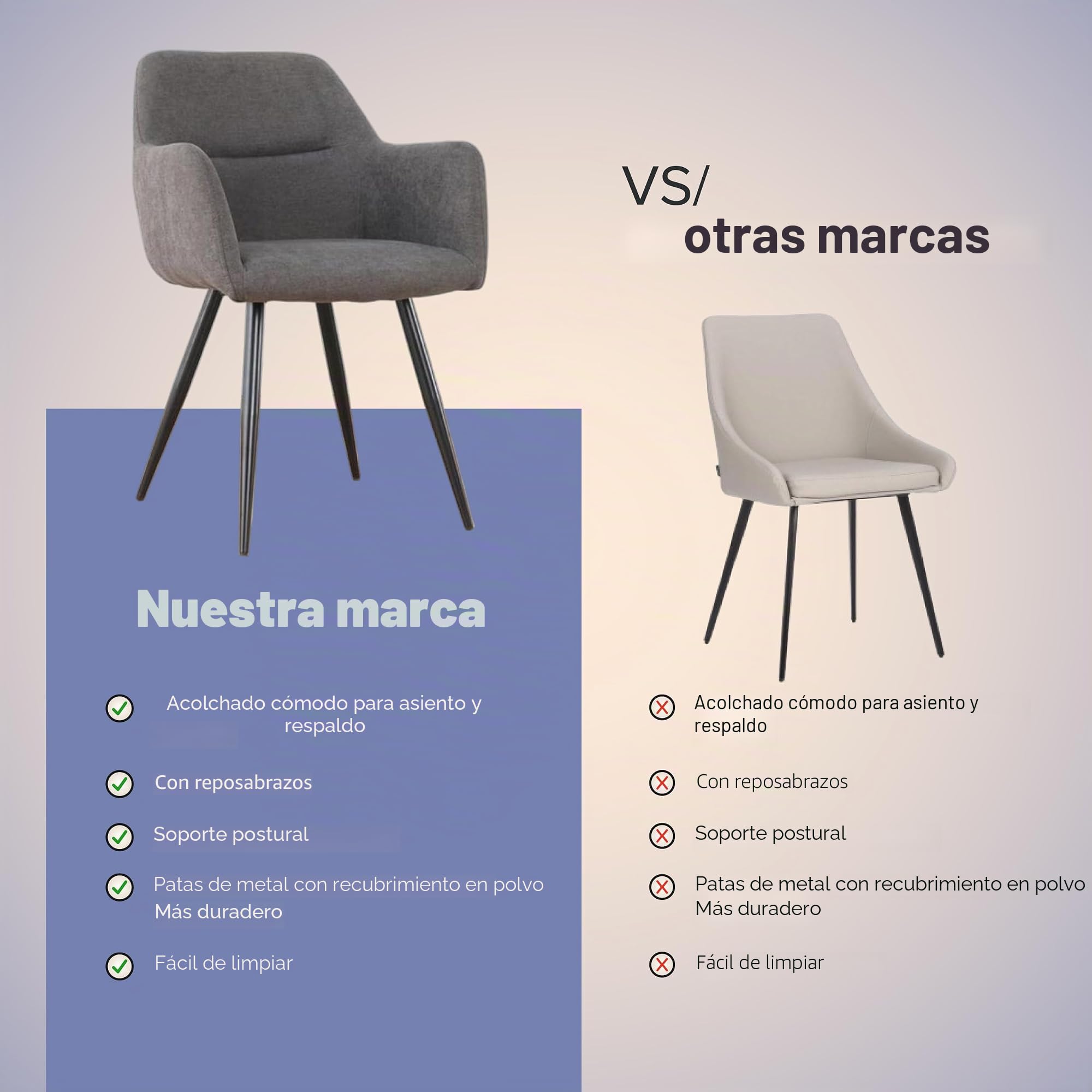 Pack de 2 Sillas de Comedor en Lino Gris Claro – Sillas Ergonómicas, Confortables y Acolchadas con Reposabrazos – Respaldo Curvado y Patas de Metal Negro – Diseño Elegante para Cocina, Salón y Comedor