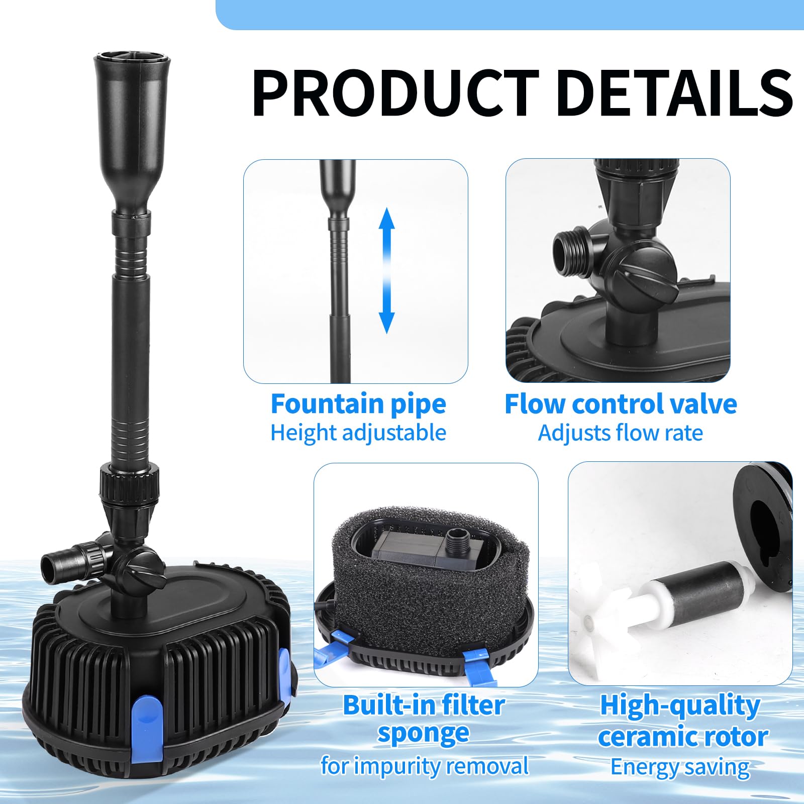 DBREAKS Pompe pour Fontaine Extérieure Jardin 2000L/H 2 M, Pompe de bassin 35W avec Câble 10 M, Pompe à Filtre Submersible, Pompe à eau pour Koï, Étang, Ruisseau, Débit Réglable