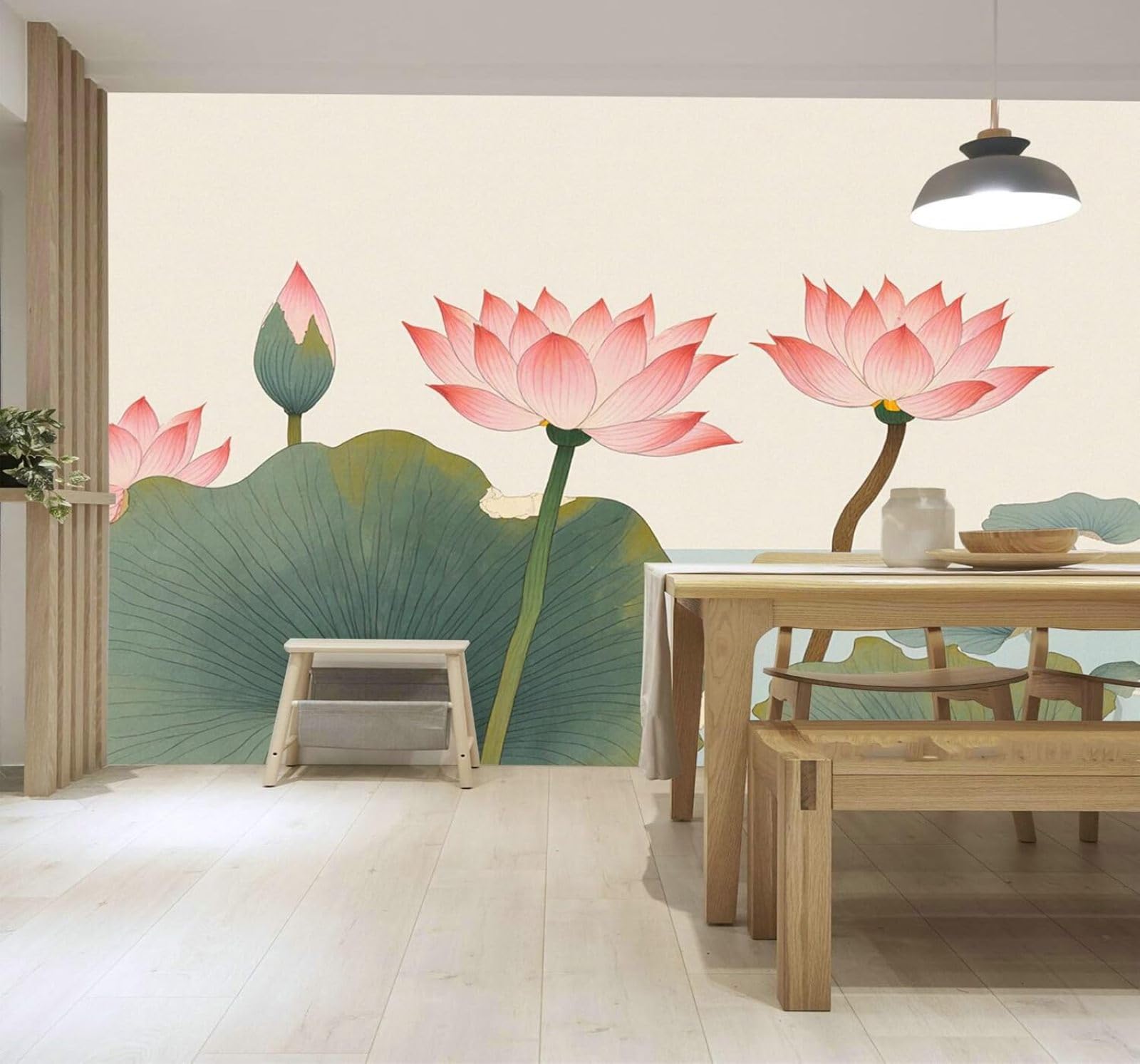 XLMING Fresh Minimalist Pink Lotus Green Leaves Lakeside View 3D Wallpaper Silky Texture Home Study Office Grey Dining Room Sofa Bedroom Living Room TV Backdrop-250cm×170cm