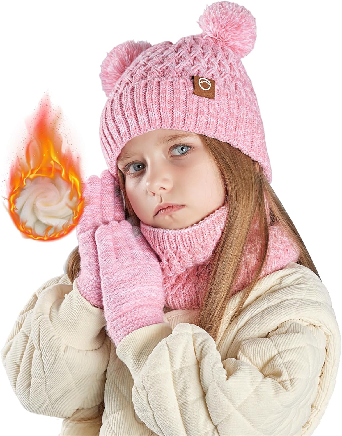 Kids Winter Hat Gloves Scarf Set Beanie with PomPom Fleece Lined Warm Touch Screen for Boys Girls Christmas Gift - Image 2