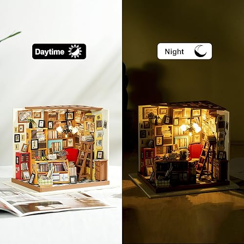 Miniatura 4 de Rolife Kit de casa de muñecas en miniatura para bricolaje, librería, kit de fabricación de habitaciones, mini biblioteca, kit de diorama de madera,