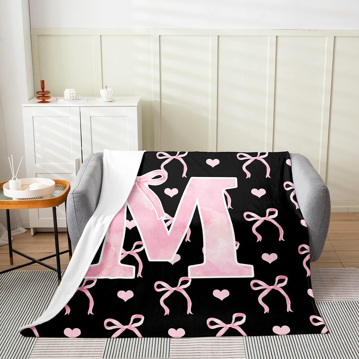 Erosebridal Initial Letter A-Z Flannel Blanket Queen Inch for Girls Black Pink M Alphabet Fleece Blanket Ombre Bow Cute Love Hearts Aesthetic Girly Fairy Microfiber Fuzzy Plush Throw