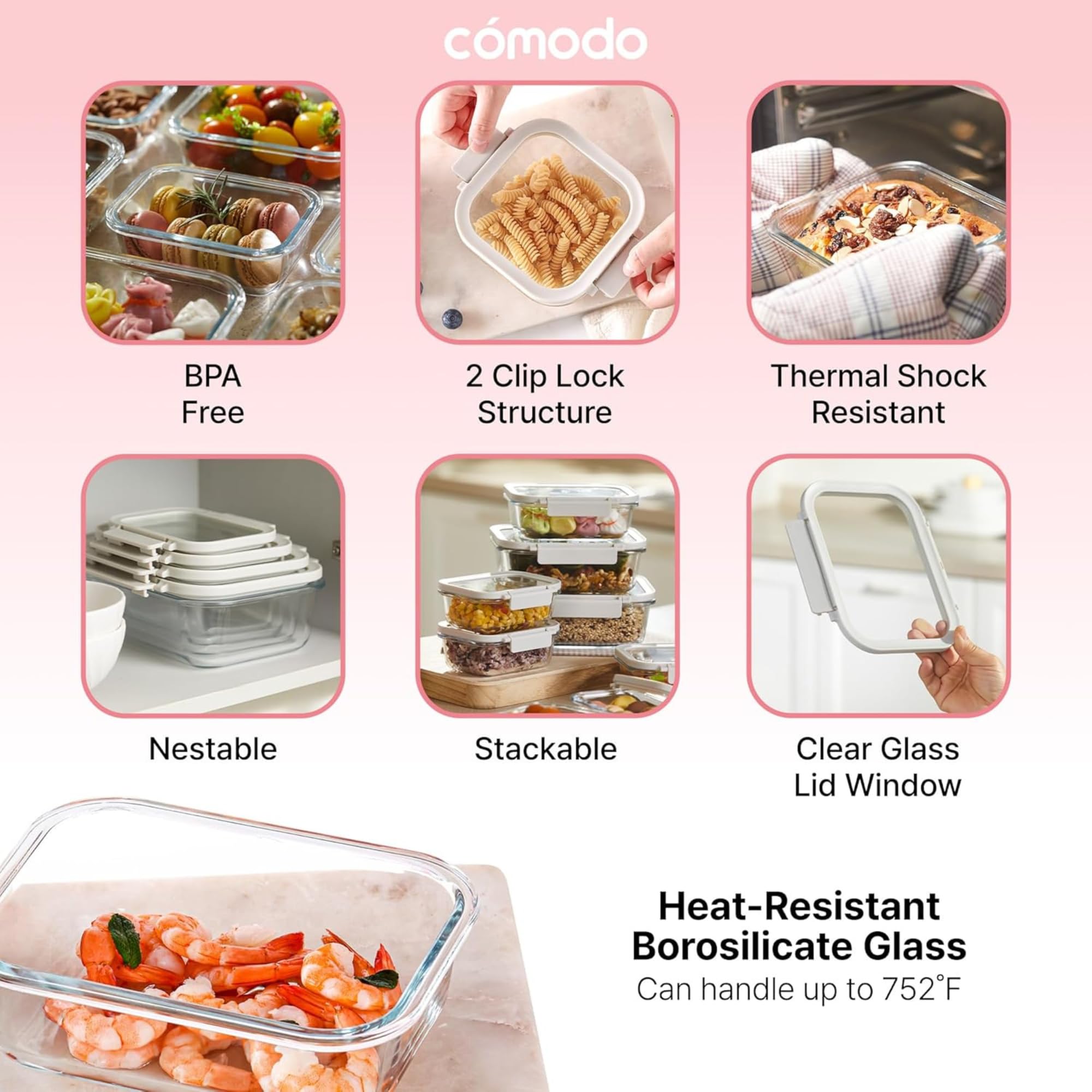 Neoflam Comodo 6 Stück Frischhaltedosen aus Glas mit Deckel - Luftdicht Stapelbar Meal Prep Set - BPA Frei Mikrowellenofen Air Fryer Gefrierschrank Sicher - Wiederverwendbare Glasbehälter für Zuhause