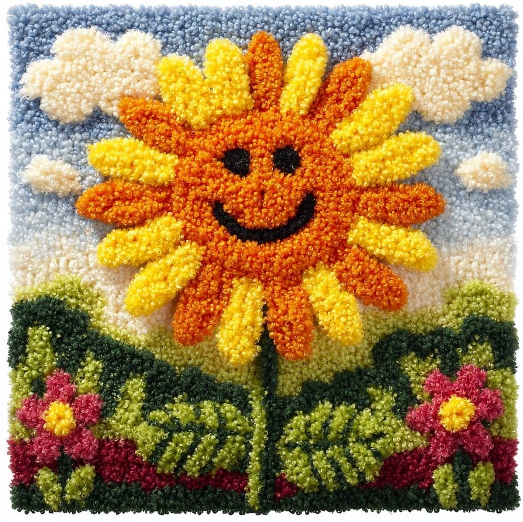 WallustrioaW Latch Hook Kit for Beginners,Smiling Sunflower,Cushion Cover Making Kit,Embroidery Pillowcase Latch Craft for Adults,17x17in