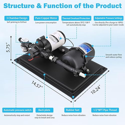 Miniatura 5 de Bomba de agua RV 12V DC 3.5 GPM 45PSI Bomba de diafragma de agua dulce con tanque acumulador prepresurizado de 0.75L 125PSI, interruptor de presión